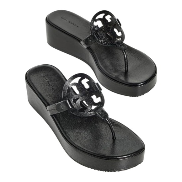 Tory Burch Women's Black Leather Logo Platform Wedge Thong Sandals Size 6M - Picture 1 of 10
